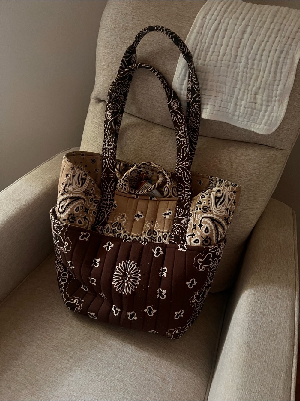 Evereve Quilted Paisley Tote in Brown and Cream